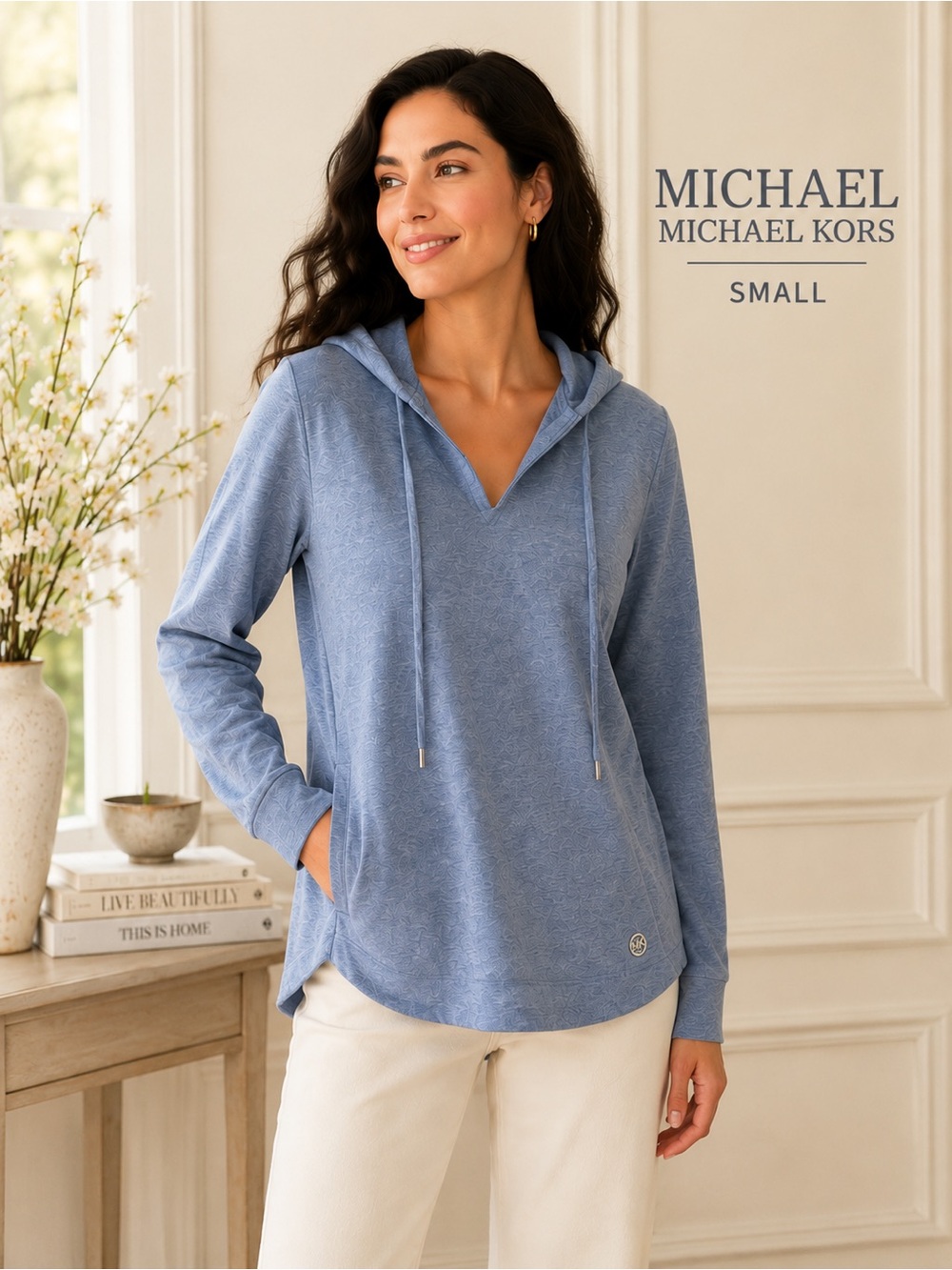 Michael Kors Blue Hooded Pullover Sweatshirt Size Small Soft Stretch